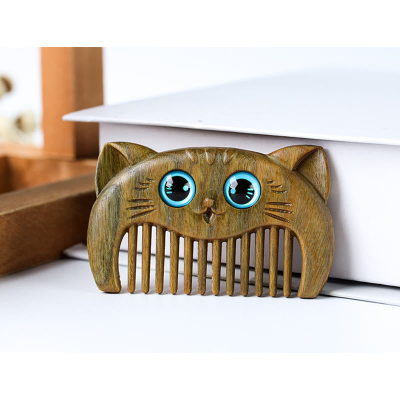 Simple Cat Pattern Green Sandalwood Cure Portable Comb - Image 7