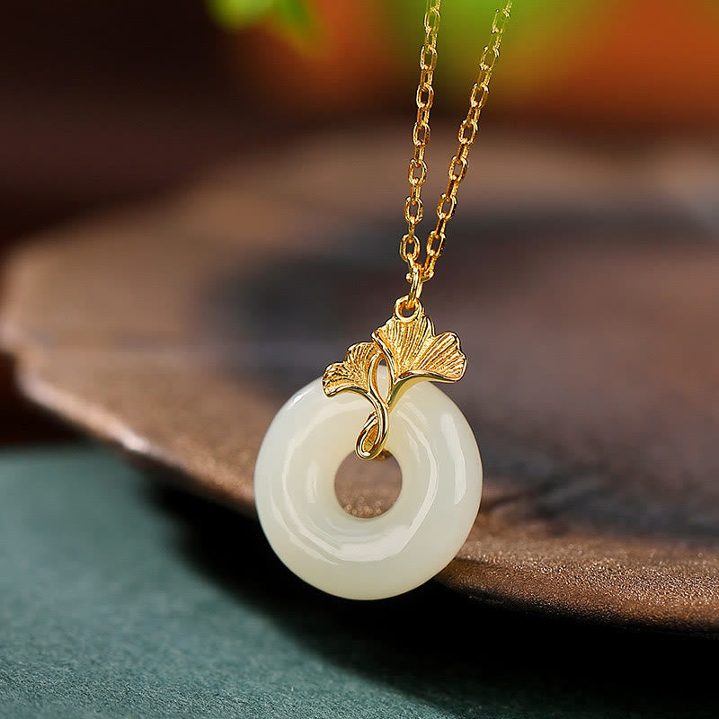 925 Sterling Silver Natural Hetian Jade Ginkgo Leaf Peace Buckle Luck Necklace Pendant - Image 3