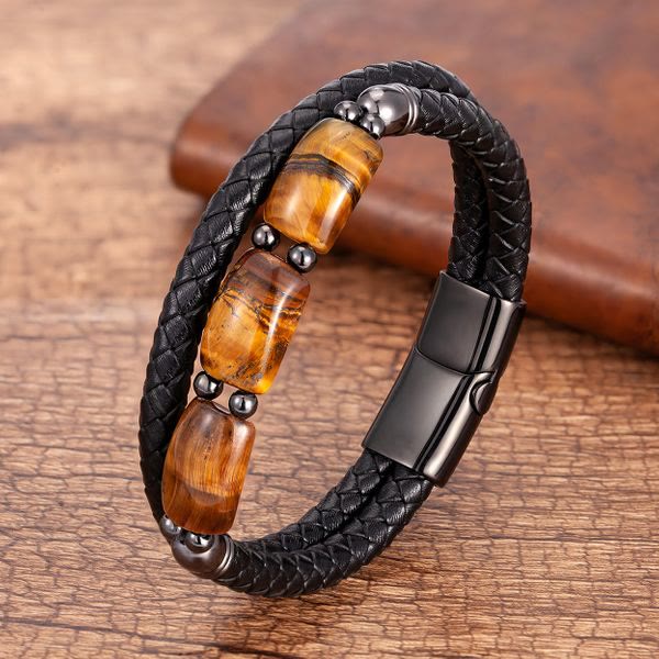 Natural Tiger Eye Protection Willpower Magnetic Buckle Leather Bracelet