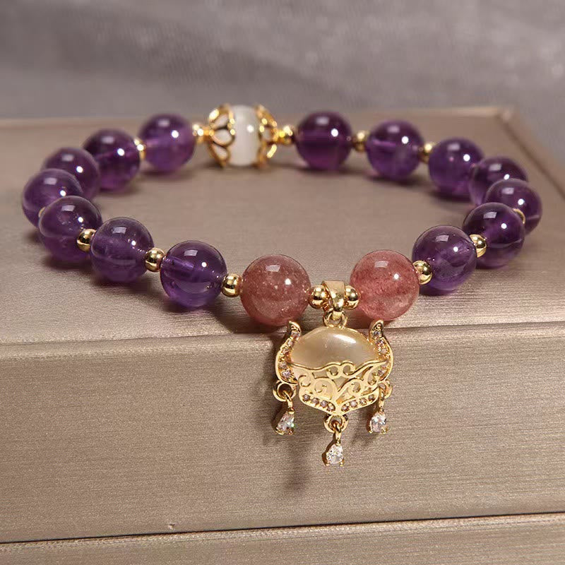 Natural Amethyst Strawberry Quartz Cat Eye Chinese Lock Charm Healing Bracelet - Image 3