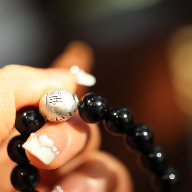 925 Sterling Silver Black Onyx Bead Character Engraved Protection Bracelet - Image 6