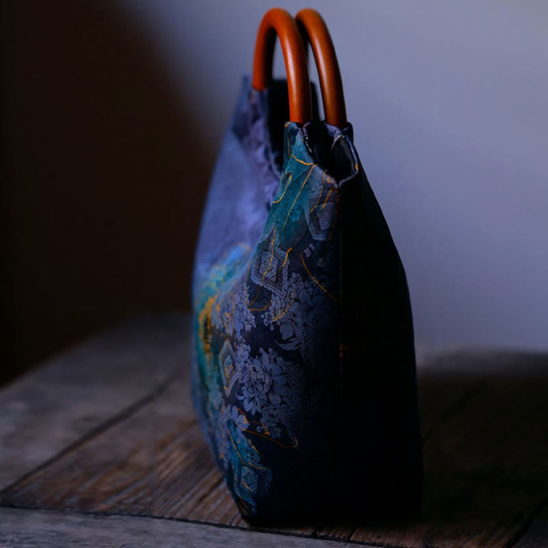 Peony Flower Bamboo Leaves Bird Solid Wood Handle Handbag - Image 5