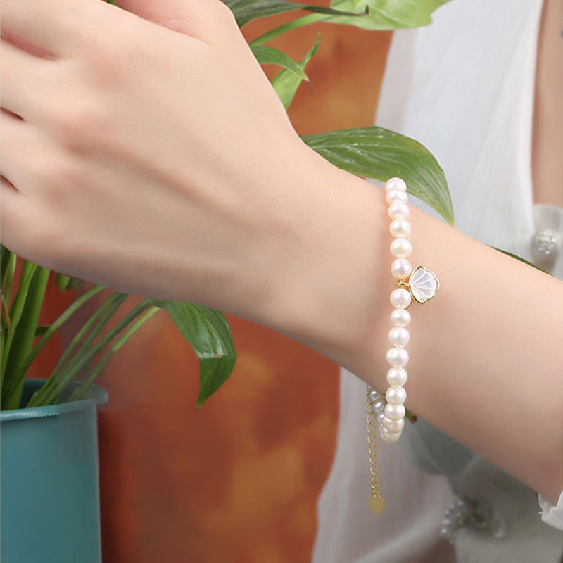 14K Gold Plated Natural Pearl Crystal Shell Charm Bead Bracelet - Image 11