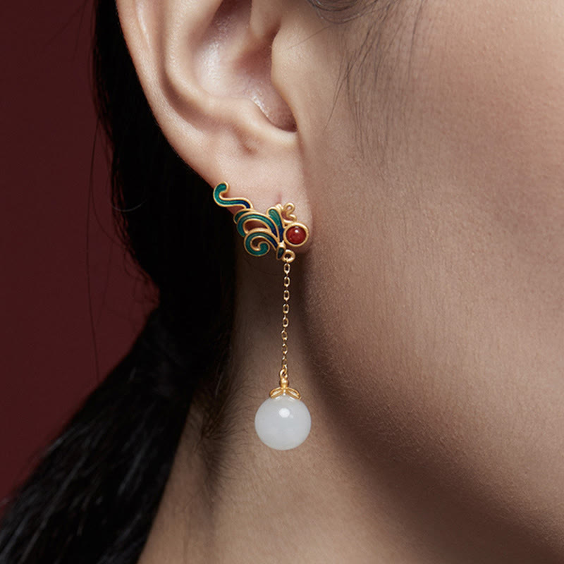 Vintage White Jade Red Agate Bead Blessing Drop Dangle Earrings