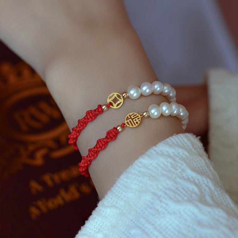 14K Gold Plated Pearl Bead Luck Protection Braid Red String Bracelet - Image 5