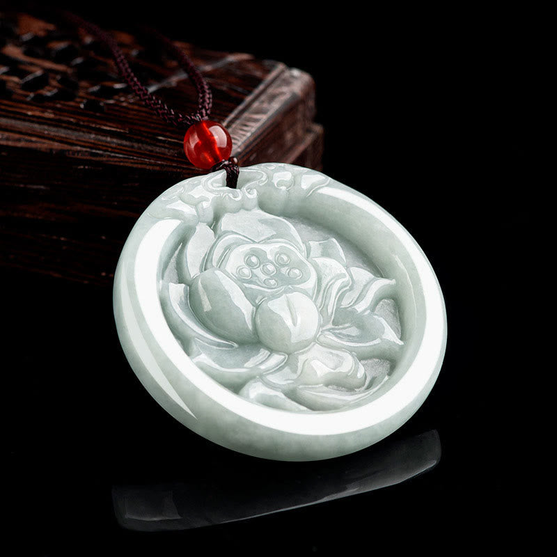 Natural Jade Lotus Flower Carved Prosperity Necklace Pendant - Image 3