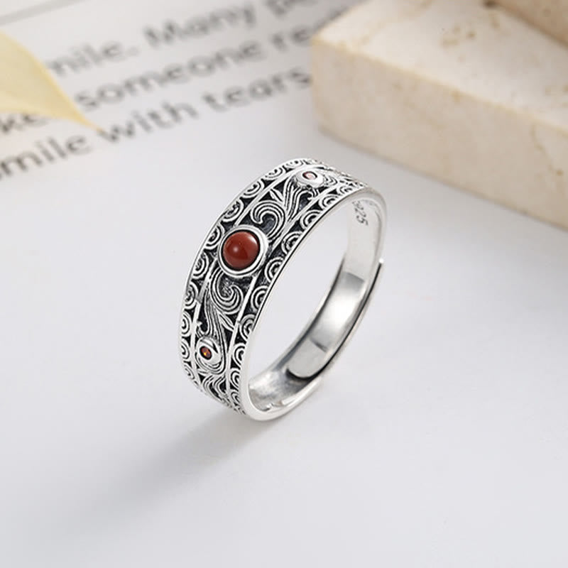 925 Sterling Silver Embedded Red Agate Auspicious Clouds Logical Thinking Ring - Image 3