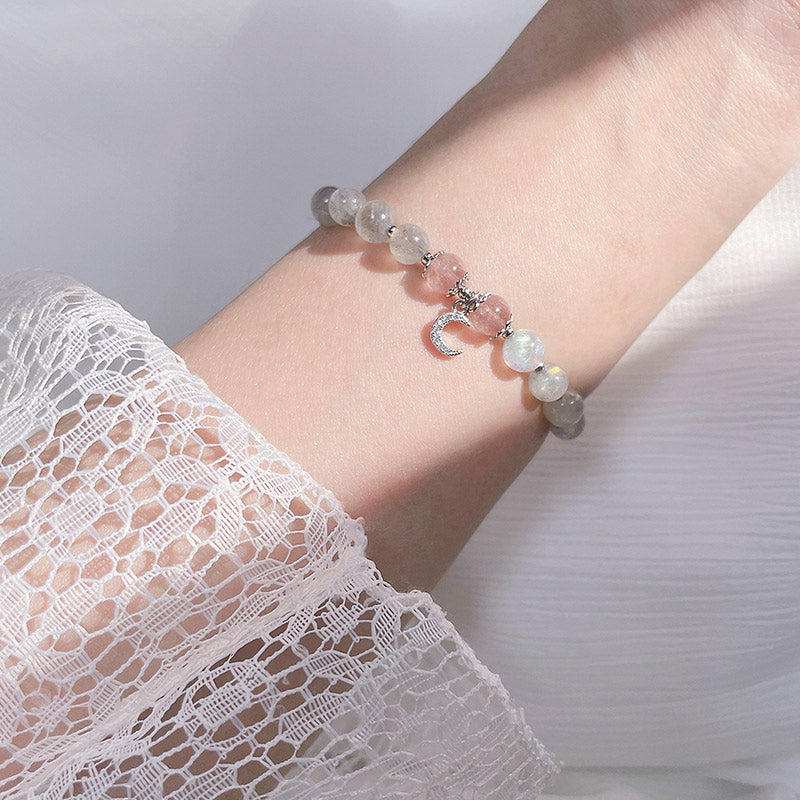 Strawberry Quartz Moonstone Luck Moon Charm Bracelet - Image 6