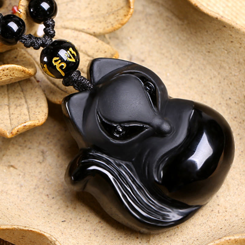 Natural Black Obsidian Tiger Eye Ice Obsidian Fox Pendant Amulet Necklace - Image 5