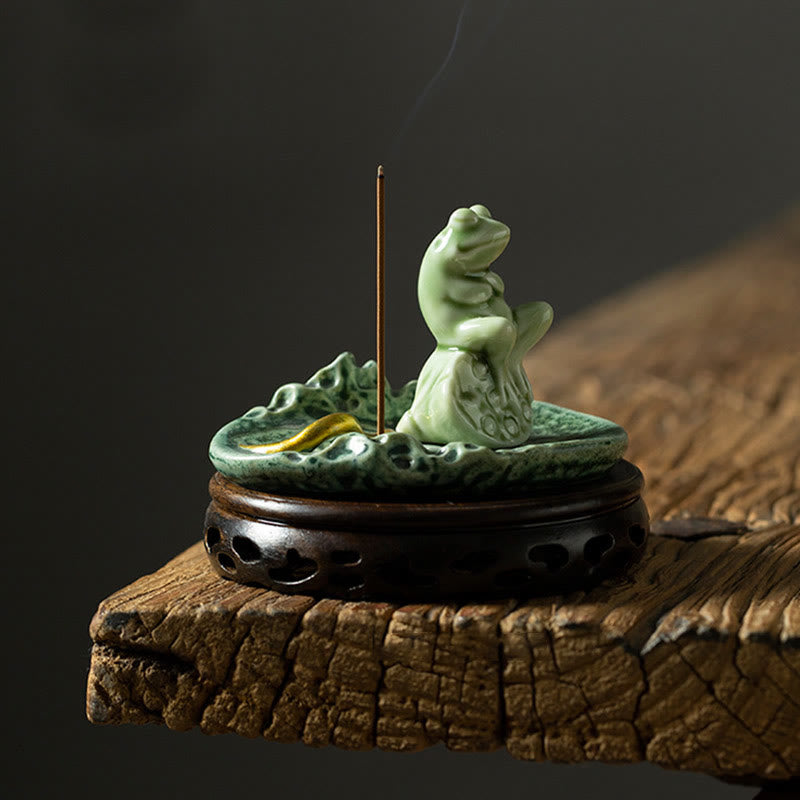 Leaf Meditation Frog Pattern Healing Ceramic Incense Burner Decoration - Image 18