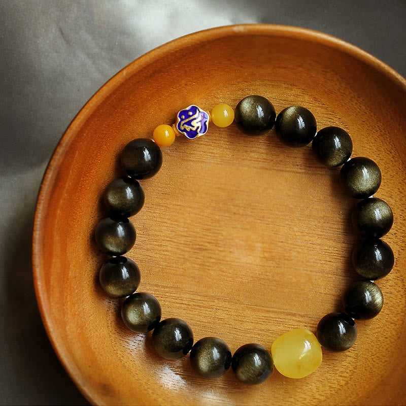925 Sterling Silver Chinese Zodiac Natal Buddha Natural Gold Sheen Obsidian Amber Wealth Protection Bracelet - Image 3