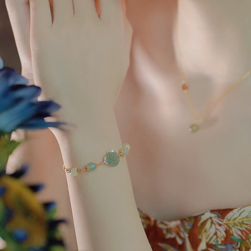 14K Gold Plated Hetian Jade Rose Flower Luck Chain Bracelet - Image 11