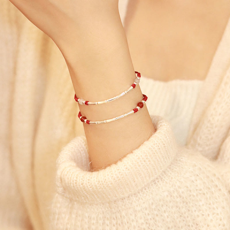 925 Sterling Silver Bamboo White Agate Red Agate Bead Protection String Braided Bracelet - Image 10