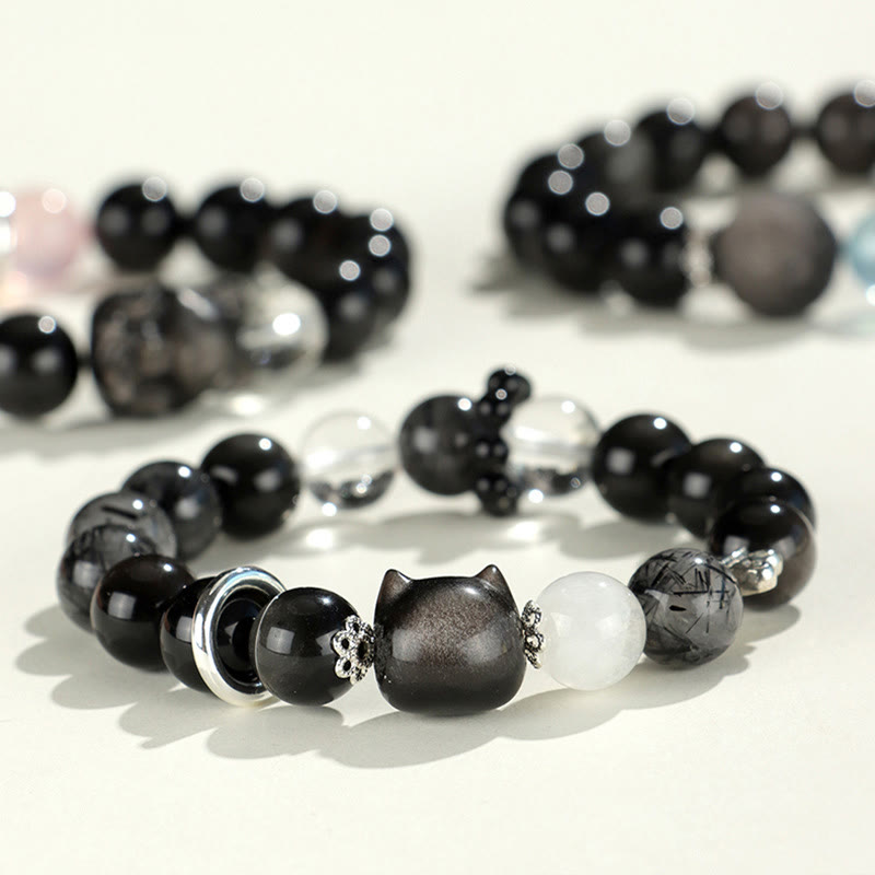 Natural Silver Sheen Obsidian Cat Head Fox Planet Protection Bracelet
