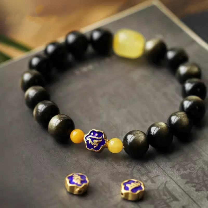 925 Sterling Silver Chinese Zodiac Natal Buddha Natural Gold Sheen Obsidian Amber Wealth Protection Bracelet