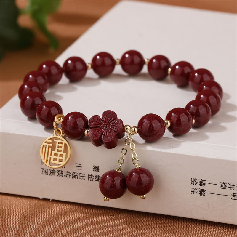Cinnabar Fu Character Cherry Blossom Blessing Bracelet