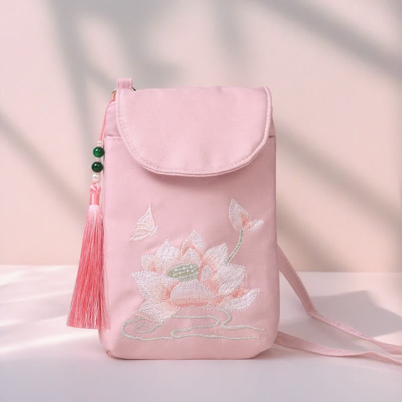 Small Embroidered Flowers Crossbody Bag Shoulder Bag Double Layer Cellphone Bag