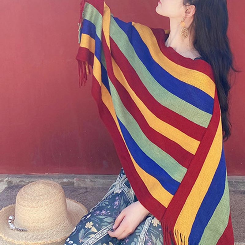 Tibetan Colorful Striped Design Shawl Tassels Pullover Winter Cozy Travel Scarf Wrap - Image 13