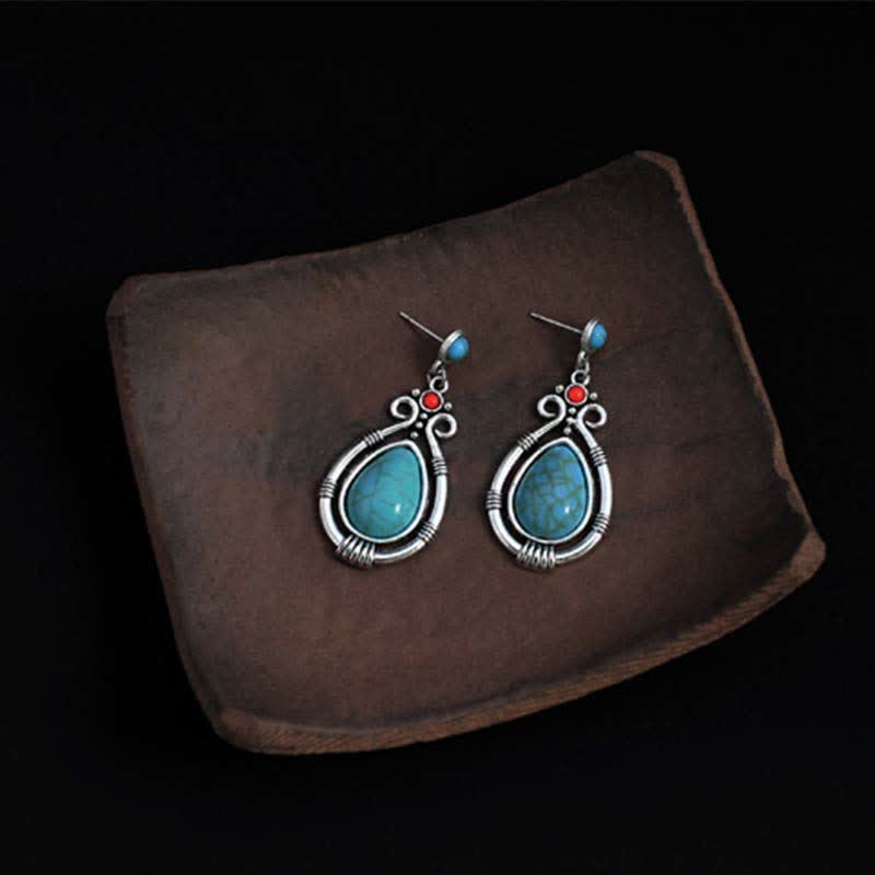 Tibet Vintage Turquoise Waterdrop Strength Drop Dangle Earrings Clips - Image 4