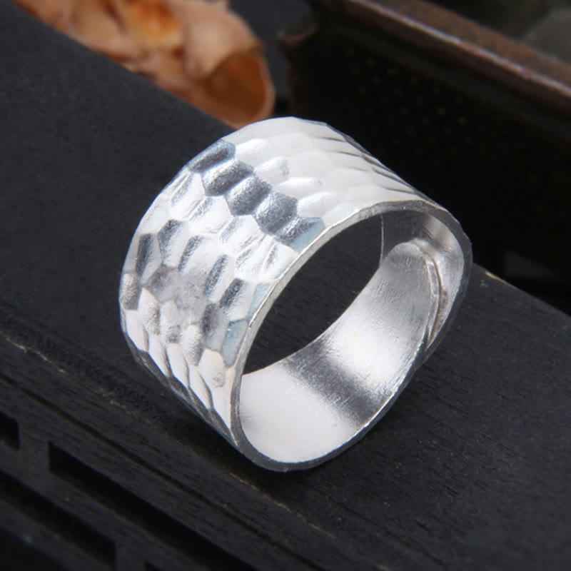 Tibetan 990 Sterling Silver Handmade Rustic Hammered Pattern Ring - Image 6