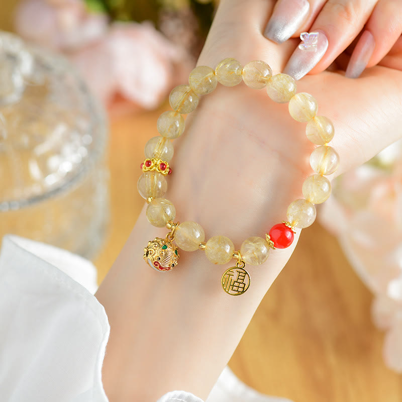 Natural Golden Rutilated Quartz Fu Character Charm Bell Wealth Bracelet