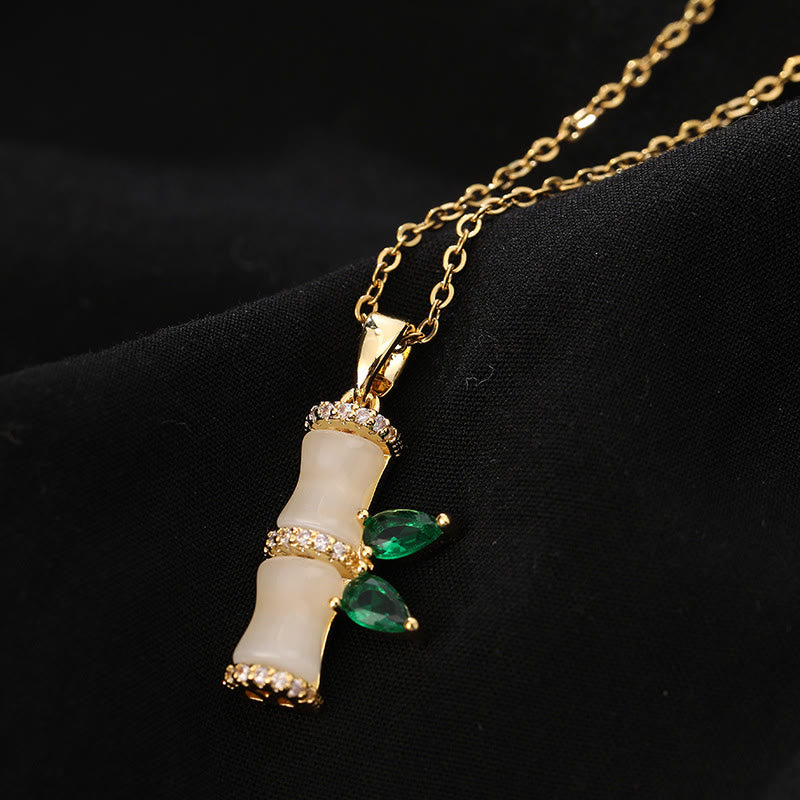 18K Gold Plated Chalcedony Bamboo Rhinestones Harmony Necklace Pendant - Image 4