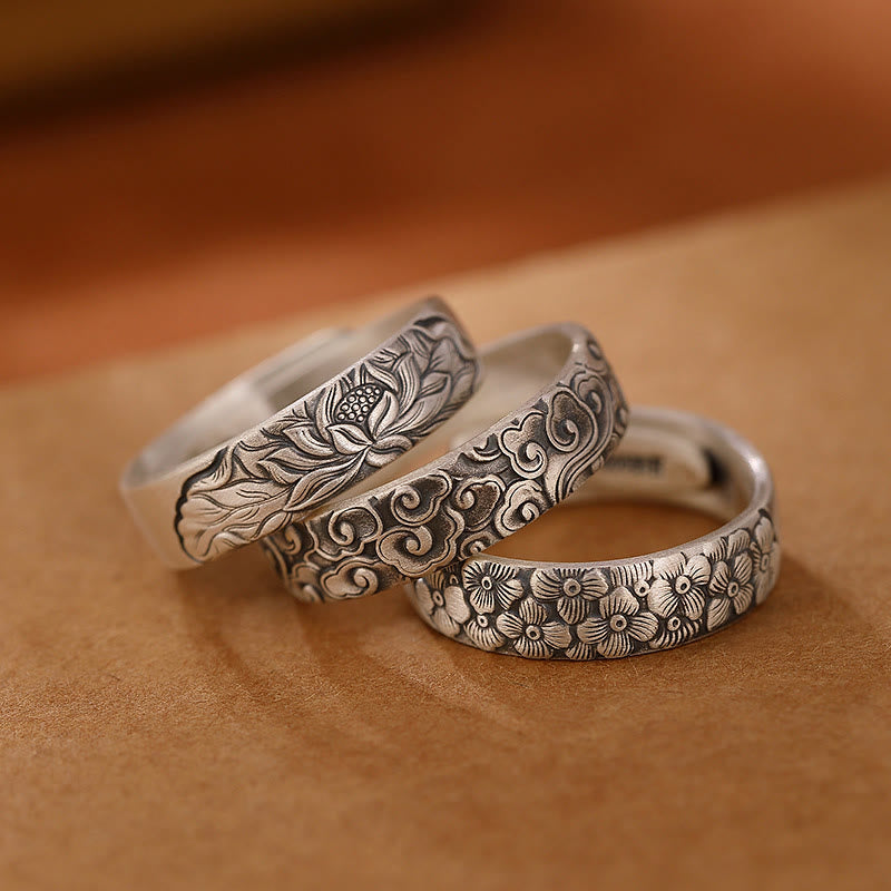 999 Sterling Silver Lotus Flower Plum Blossom Auspicious Clouds Engraved Enlightenment Ring