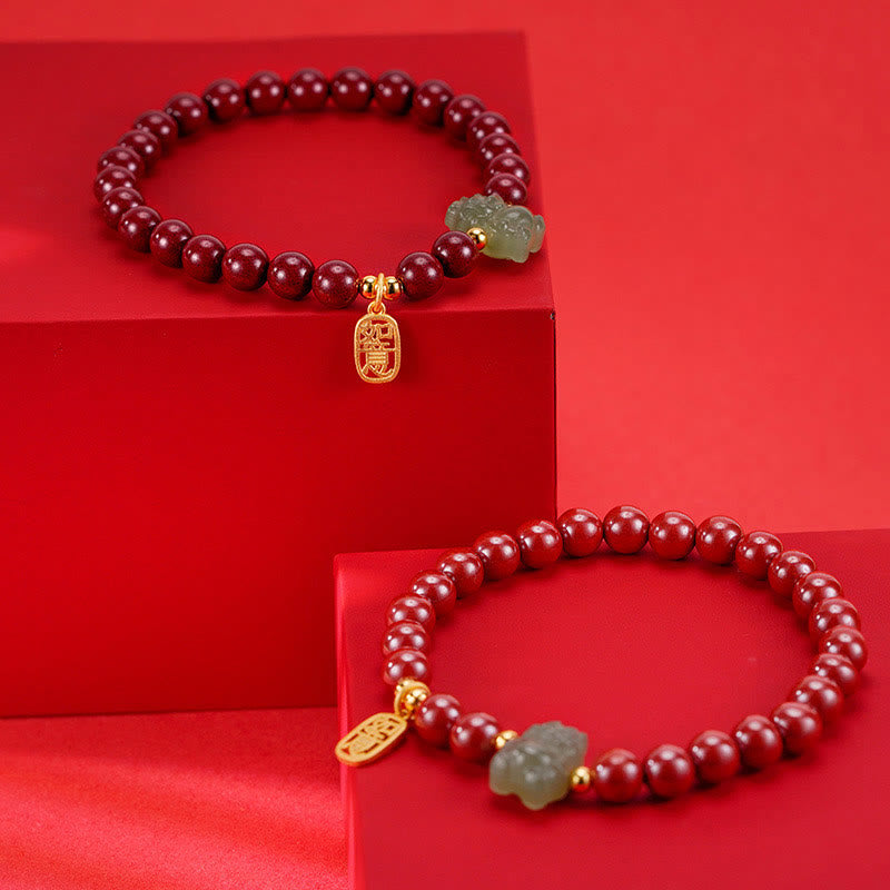 925 Sterling Silver Year of the Dragon Natural Cinnabar Hetian Jade Dragon Fu Character Ruyi As One Wishes Charm Blessing Bracelet - Image 7