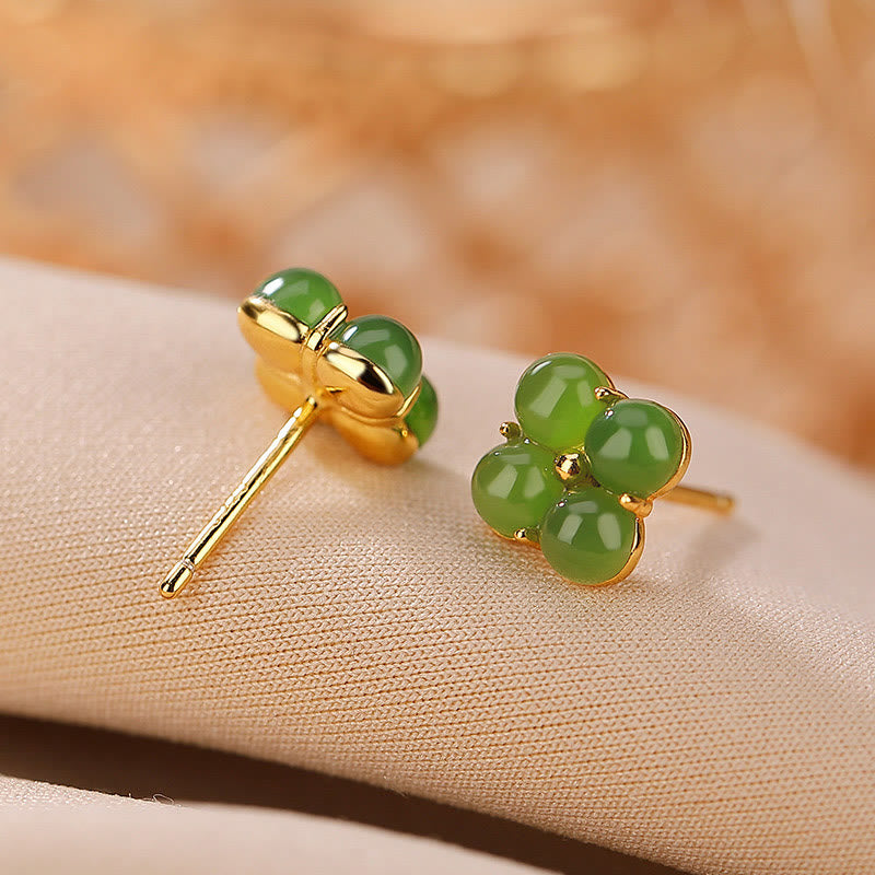 925 Sterling Silver Plated Gold Natural Cyan Jade Four Leaf Clover Luck Stud Earrings - Image 3