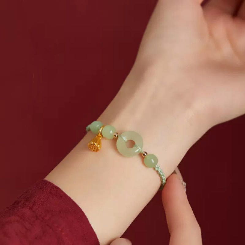 Round Peace Buckle Jade Lotus Happiness Abundance Wealth String Bracelet - Image 15