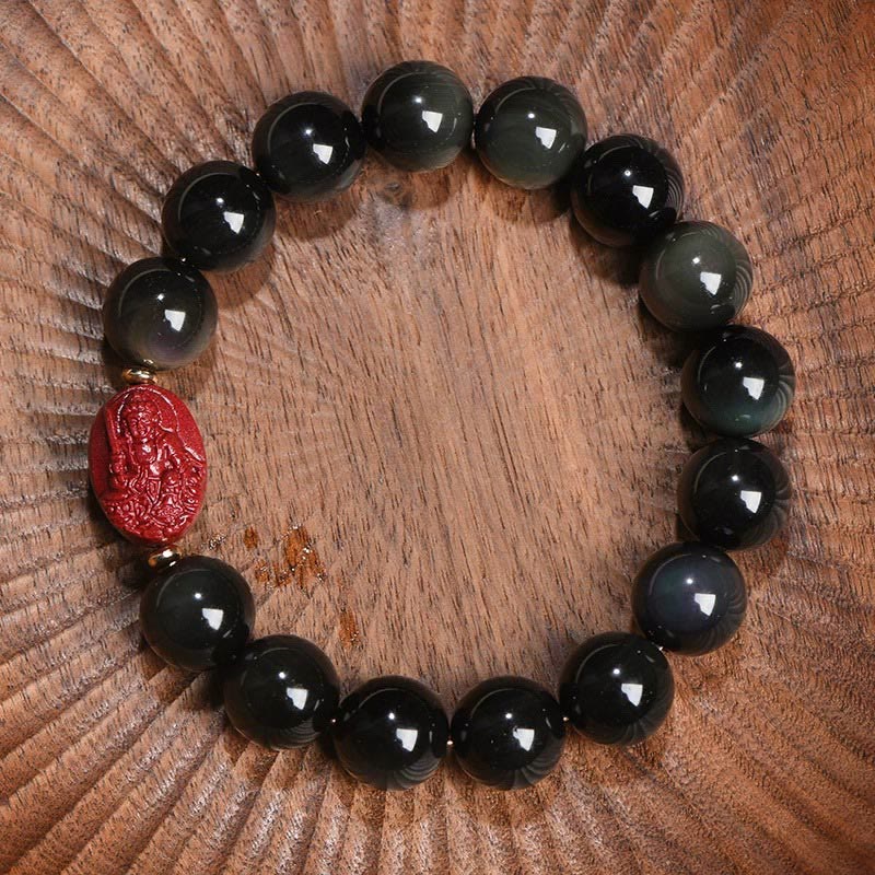 Chinese Zodiac Natal Buddha Natural Black Obsidian Cinnabar Purification Bracelet