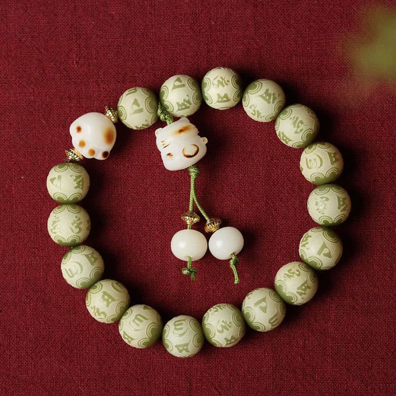 Green Bodhi Seed Cat Paw Om Mani Padme Hum Engraved Wisdom Bracelet - Image 3