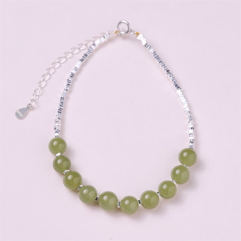 925 Sterling Silver Hetian Jade Bead Luck Chain Bracelet