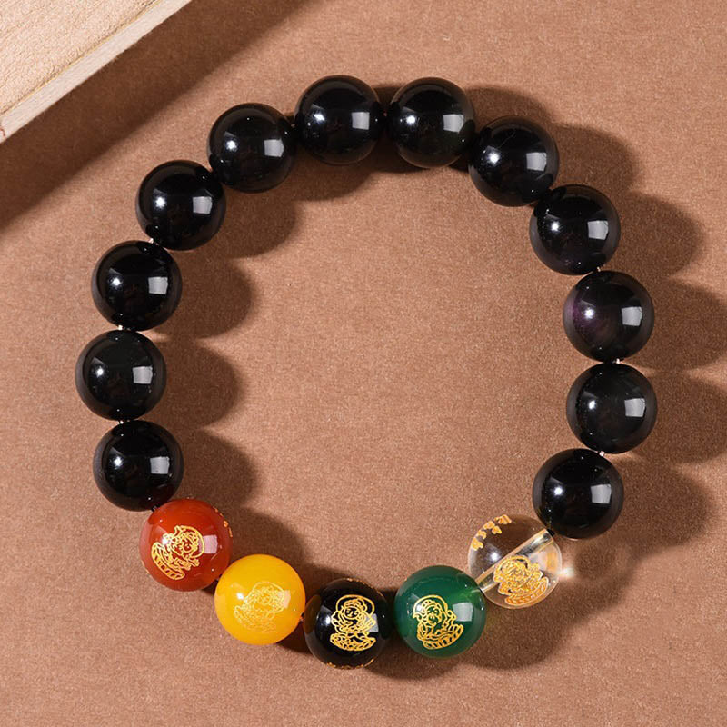 Gold Sheen Obsidian Rainbow Obsidian Black Obsidian Five Directions Gods of Wealth Bracelet - Image 8