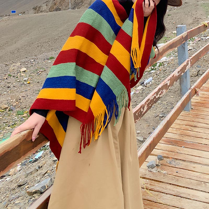 Tibetan Colorful Striped Design Shawl Tassels Pullover Winter Cozy Travel Scarf Wrap - Image 7