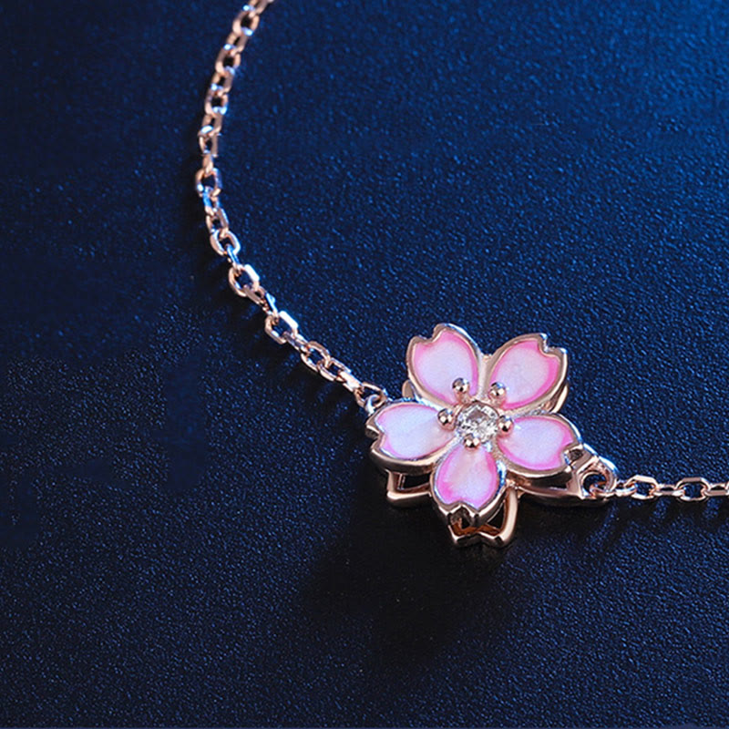 925 Sterling Silver Cherry Blossom Blessing Chain Bracelet Rotatable Ring - Image 8