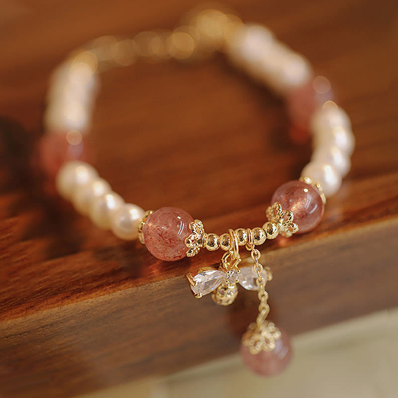 Natural Pearl Strawberry Quartz Healing Cute Honey Bee Charm Bracelet - Image 4