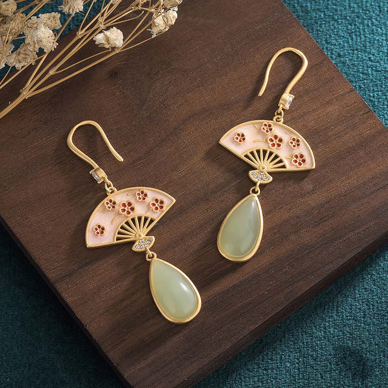 Natural Green Aventurine Fan Pattern Luck Drop Earrings - Image 8