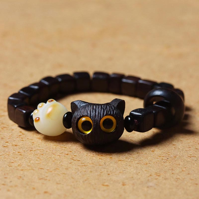 Ebony Wood Cute Cat Bodhi Seed Paw Claw Square Beads Calm Bracelet - Image 5