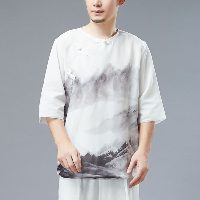 Men's Frog-Button Mountain Landscape Ink Painting Half Sleeve Shirt