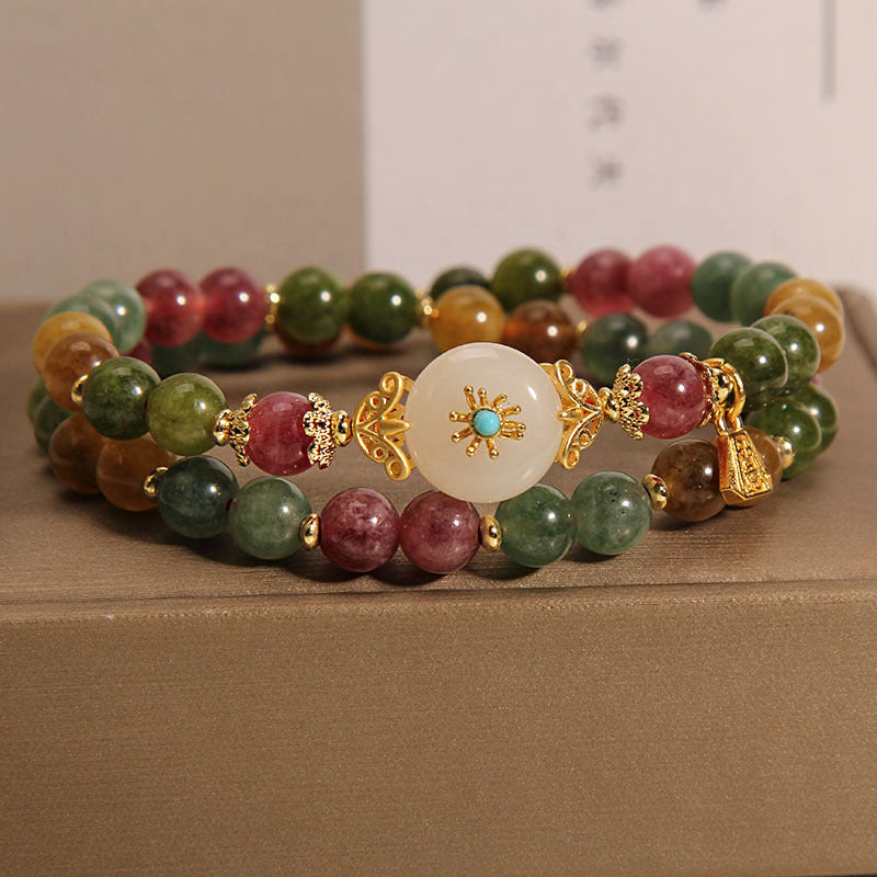 Natural Multicolored Tourmaline Positive Jade Flower Double Wrap Bracelet