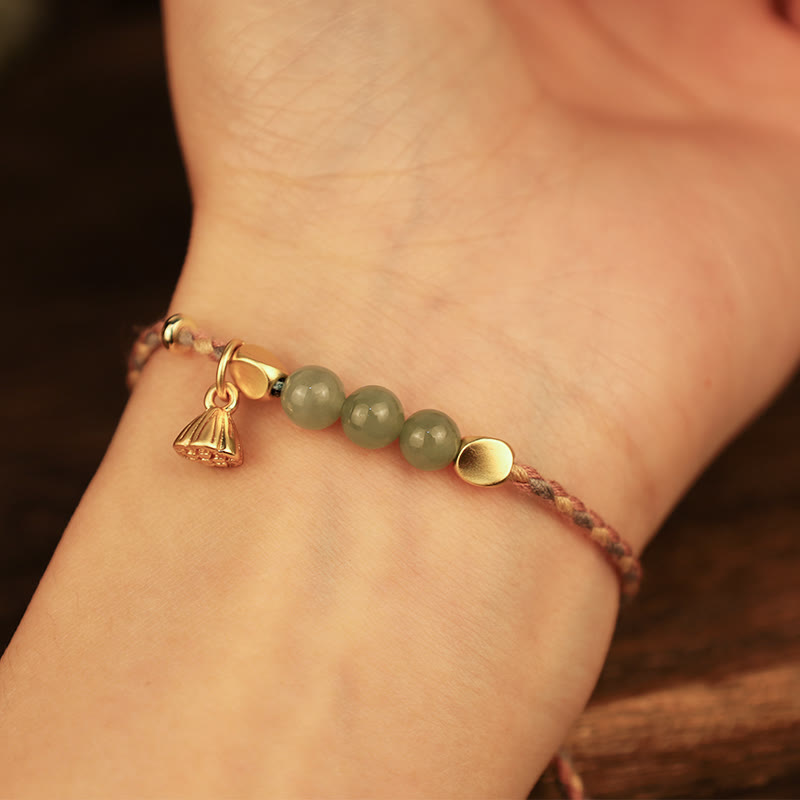 Handcrafted Hetian Jade Lotus Charm Luck Braided Bracelet - Image 12