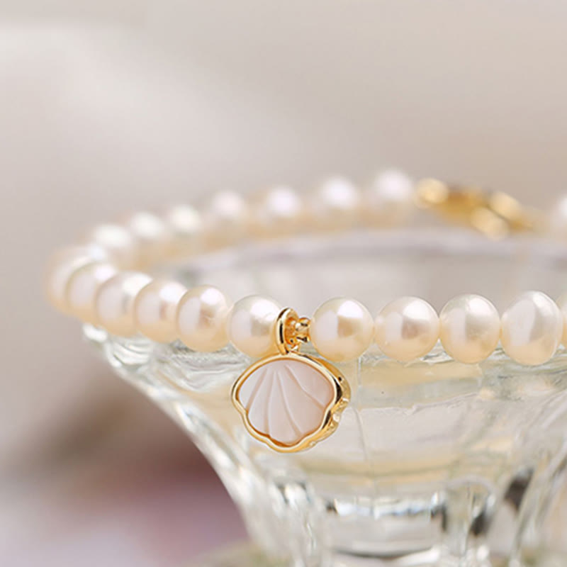 14K Gold Plated Natural Pearl Crystal Shell Charm Bead Bracelet - Image 7