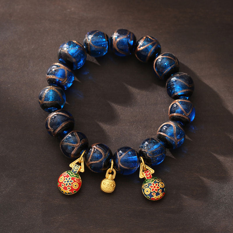 Gold Swallowing Beast Luck Charm Blue Liuli Glass Bead Fortune Bracelet - Image 5