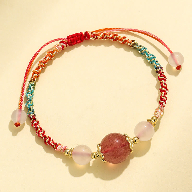Strawberry Quartz Pink Crystal Prehnite White Agate Bead Healing Rope Bracelet - Image 3