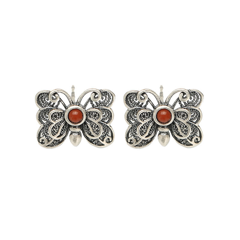 925 Sterling Silver Red Agate Butterfly Self-acceptance Ring Earrings Set - Image 20