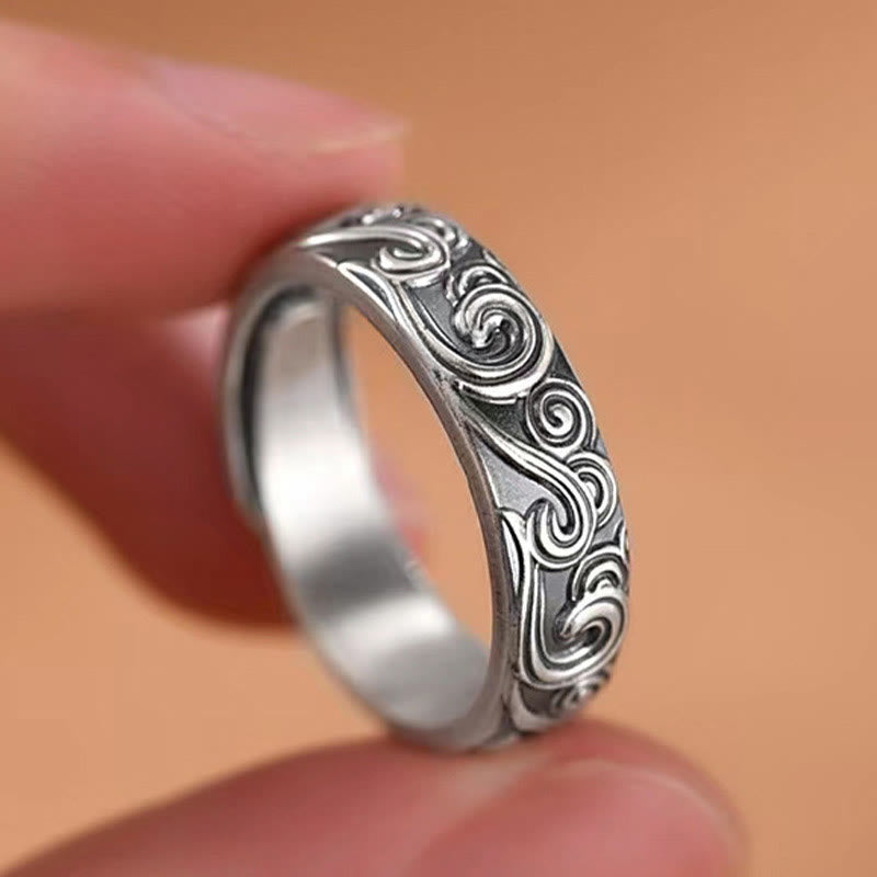 999 Sterling Silver Auspicious Clouds Engraved Blessing Adjustable Ring - Image 4