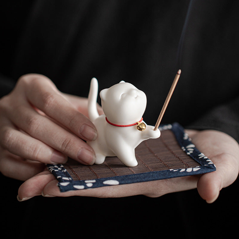 Mini Lucky Cat Kitten Tea Pet Ceramic Home Desk Figurine Decoration With Bamboo Mat - Image 4