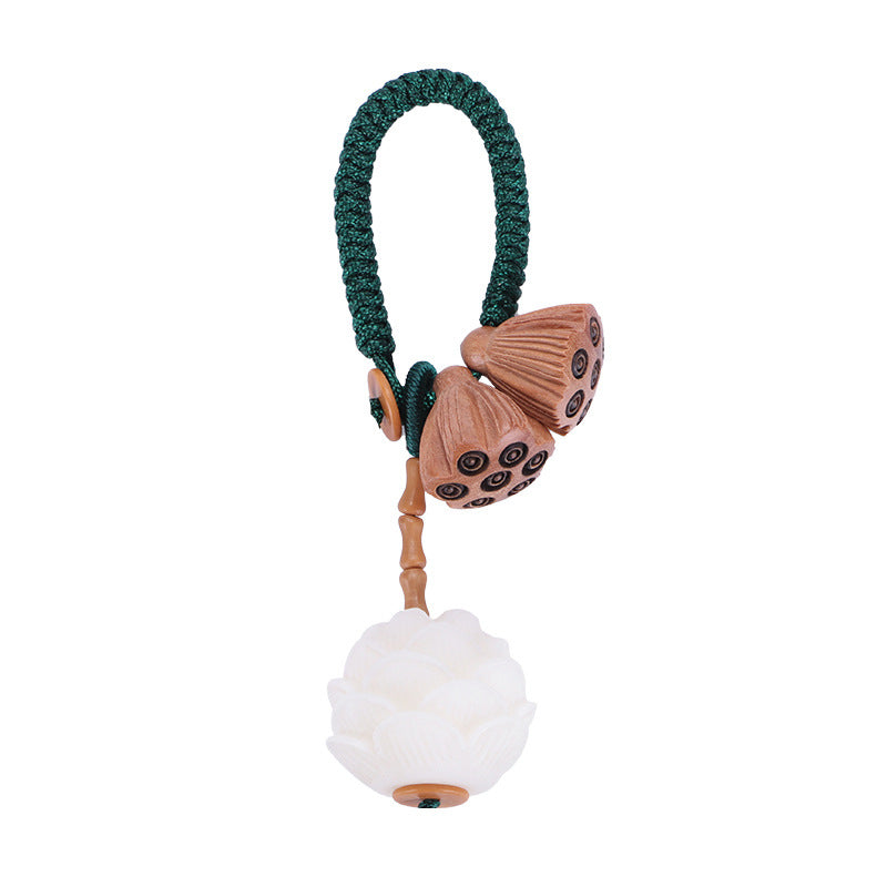 Lotus Natural White Bodhi Seed Peach Wood Luck Keychain Decoration - Image 5