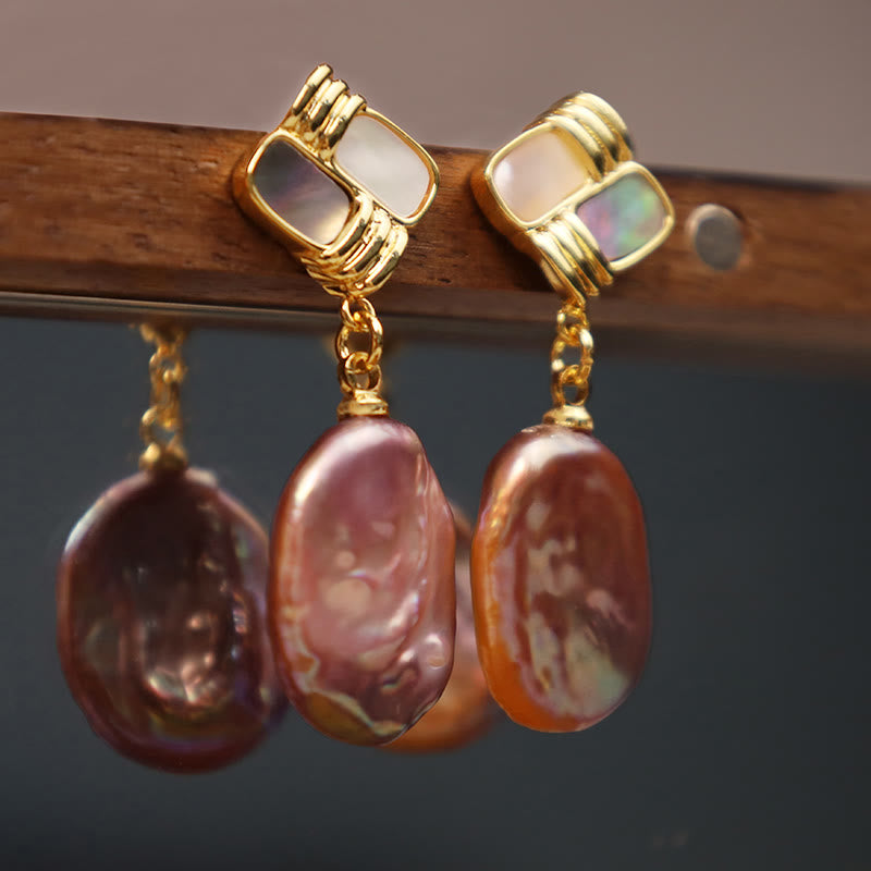 925 Sterling Silver Posts Copper Plated Gold Natural Baroque Pearl Healing Drop Earrings - Image 3